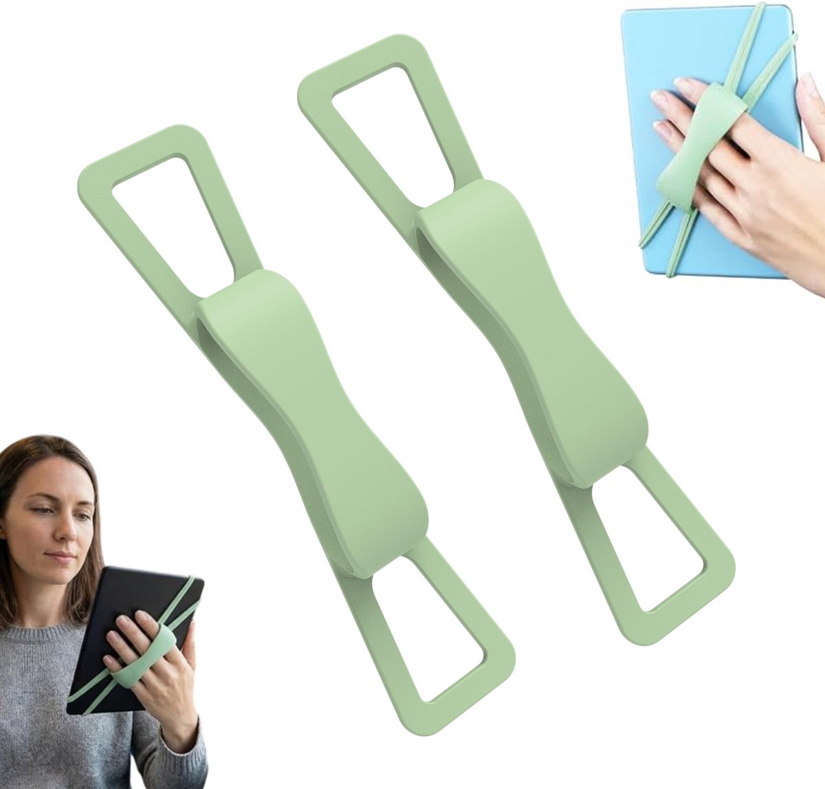 2 stuks - Leesstandaard - ereader handgreep - leesstandaard e-reader - Kindle leesstandaard - leeshulpmiddelen - Siliconen Handstrap - Antislip - Groen - 19 cm x 4 cm - Voorkomt polsbelasting - Geschikt voor langdurig lezen