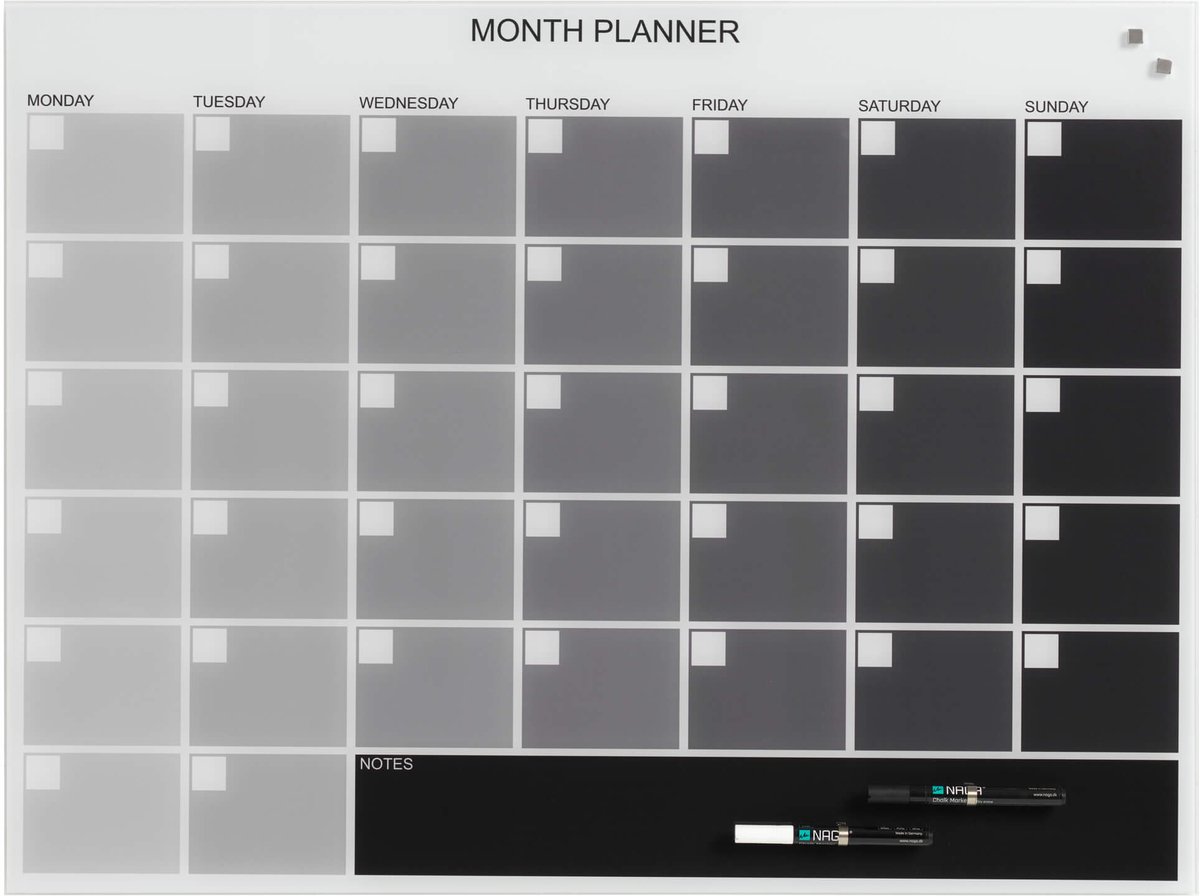 Naga - Glasmagneetbord - 80 x 60 cm - Maandplanner - Engels - Grijs - NA-12104