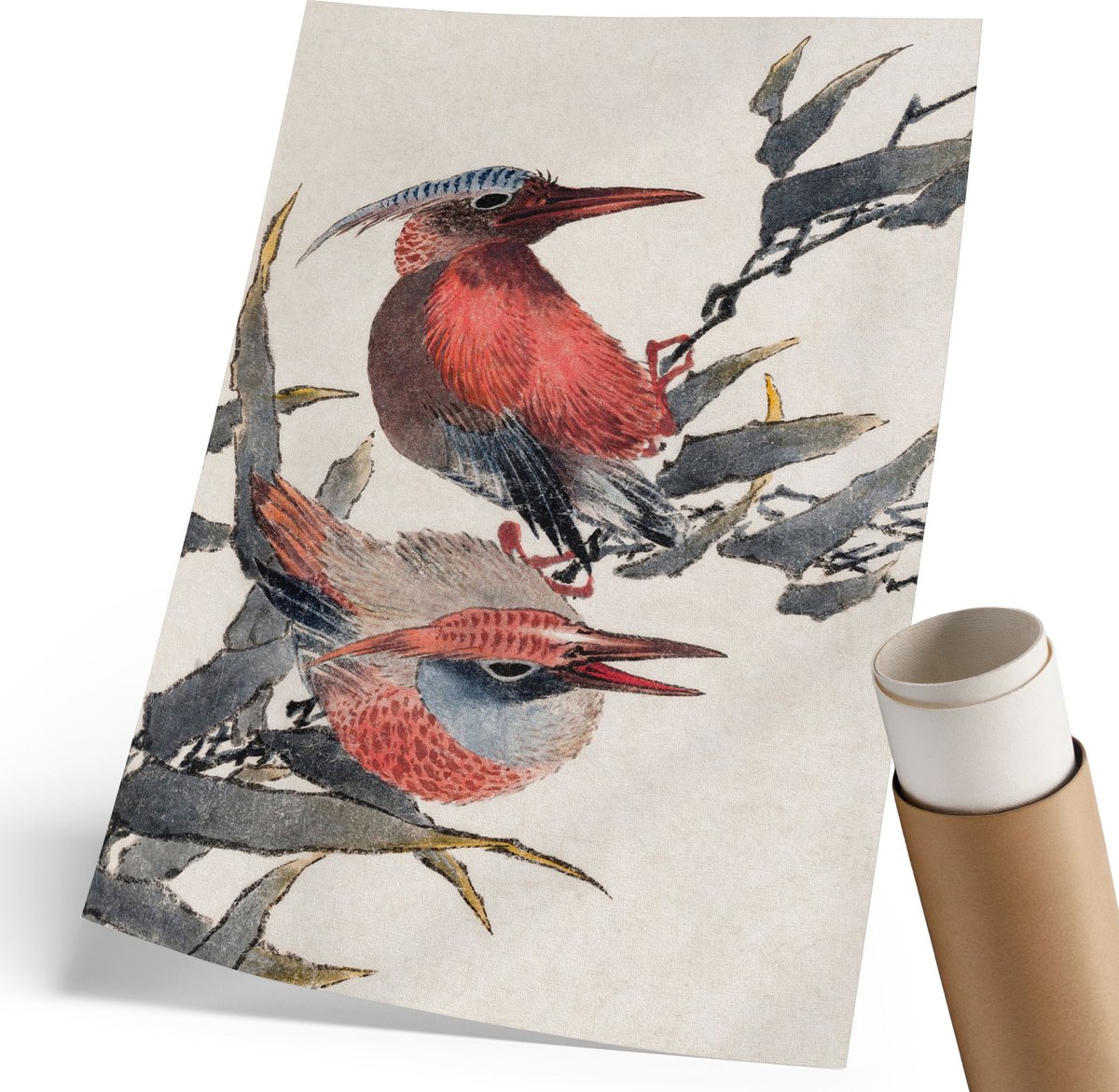Coloray Polycanvas Poster - Vogels, Waterverf - 210 x 297 mm - Bordeaux Motief - Rechthoek - Kunstposter - Woonkamer, Slaapkamer, Kantoor - Romantisch