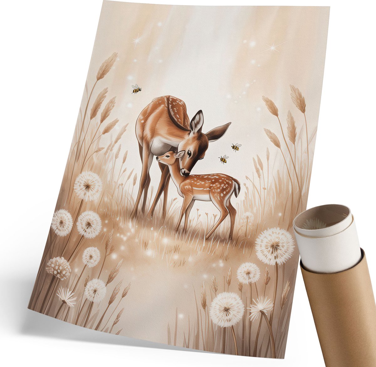 Coloray Polycanvas Wandposter - Twee Herten, Illustratie - 210 x 297 mm - Beige Patroon - Rechthoek - Interieurdecoratie - Woonkamer, Slaapkamer, Kantoor - Kinder