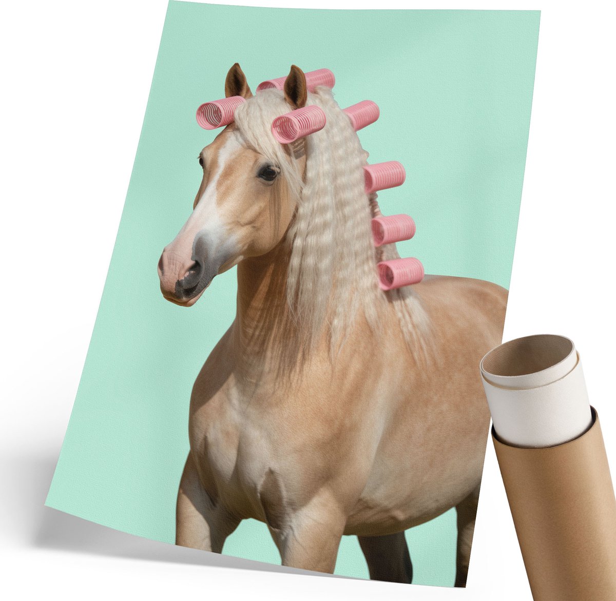 Coloray Polycanvas Wandposter - Paard Met Rollers, Illustratie - 210 x 297 mm - Roze Motief - Rechthoek - Muurkunst - Woonkamer, Slaapkamer, Kantoor - Humoristisch