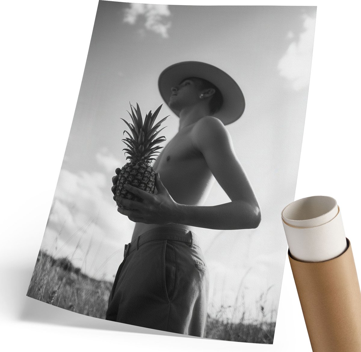 Coloray Canvas Poster Polycanvas - Ananasportret, Fotografie - 210 x 297 mm - Zwart-wit Patroon - Rechthoek - Kunstposter - Woonkamer, Slaapkamer, Kantoor - Klassiek