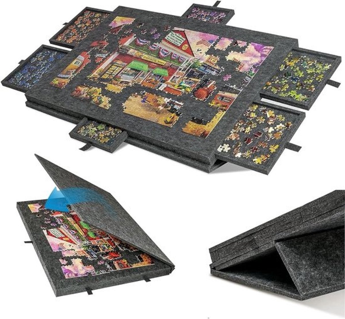 Kantelbare Puzzeltafel - Puzzelplank Vilt - Puzzels Sorteren - 6 Sorteerladen - 52 x 77 cm - Zwart