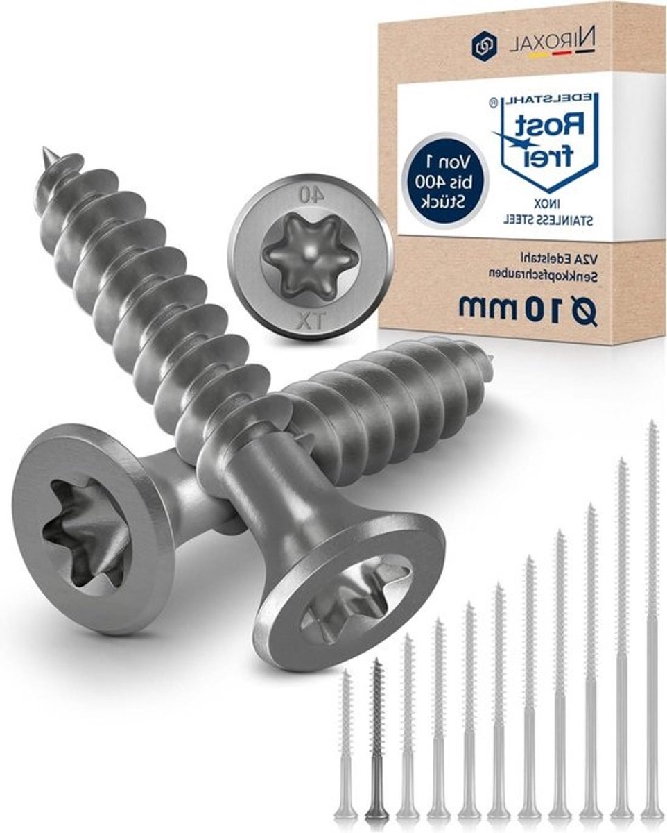 Roestvrijstalen Houtschroeven - V2A Schroeven Torx - Houtbouw Bevestigen - Verzonken Kop Deeldraad - 10x80 mm 25 stuks - Zilver