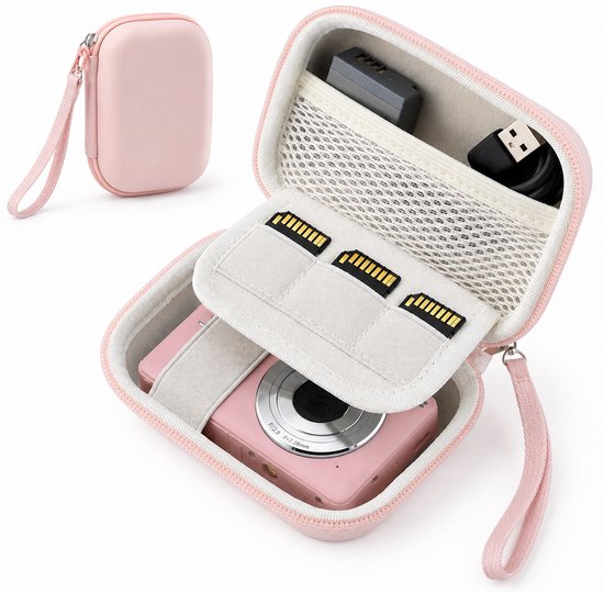 Roze cameratas met kleine digitale camera, geheugenkaarten, batterij en USB-kabel.