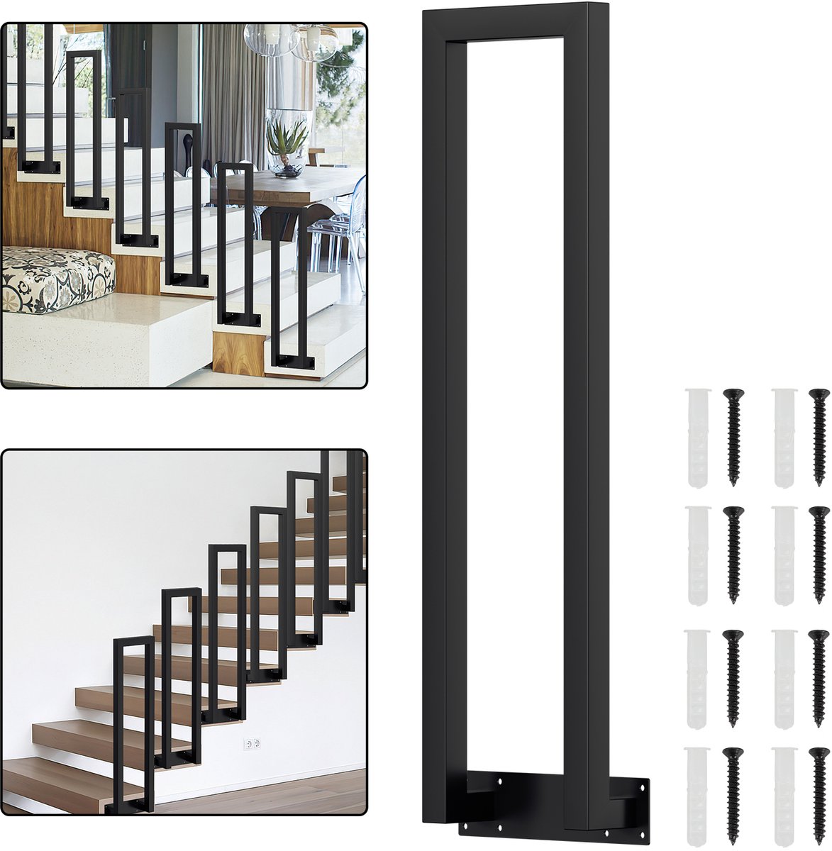 U-vormige trapleuning 85 cm zwart – ijzeren leuning met vierkante buis, zijmontage, binnen en buiten, incl. montagepakket