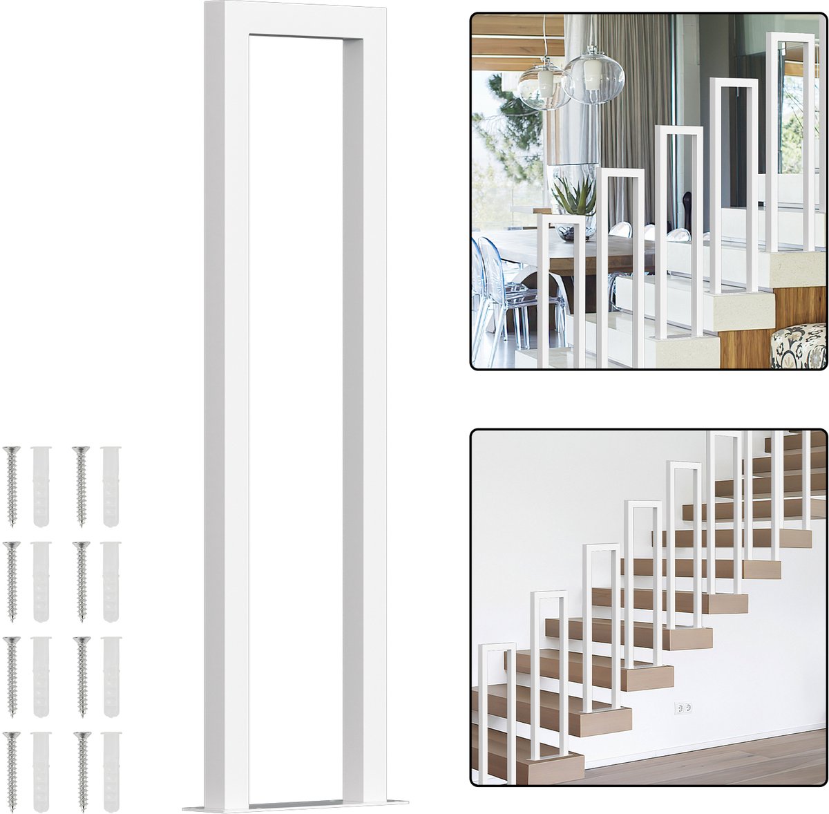 U-vormige trapleuning 95 cm wit – ijzeren leuning met vierkante buis, trede-montage, binnen en buiten, incl. afdekkappen
