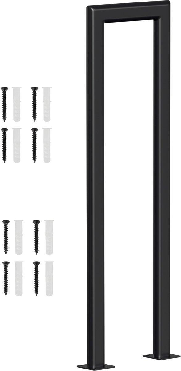U-vormige trapleuning 75 cm zwart – ijzeren handgreep met ovale buis, montage op trede, voor binnen en buiten, incl. afdekkappen