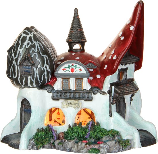 Miniatuur Efteling Huis van de Kabouters met rode paddenstoel daken en sprookjesachtige details.