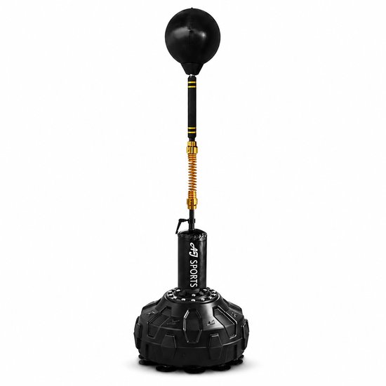 Zwarte staande boksbal met zwarte bal, gele veer en AJ SPORTS logo.
