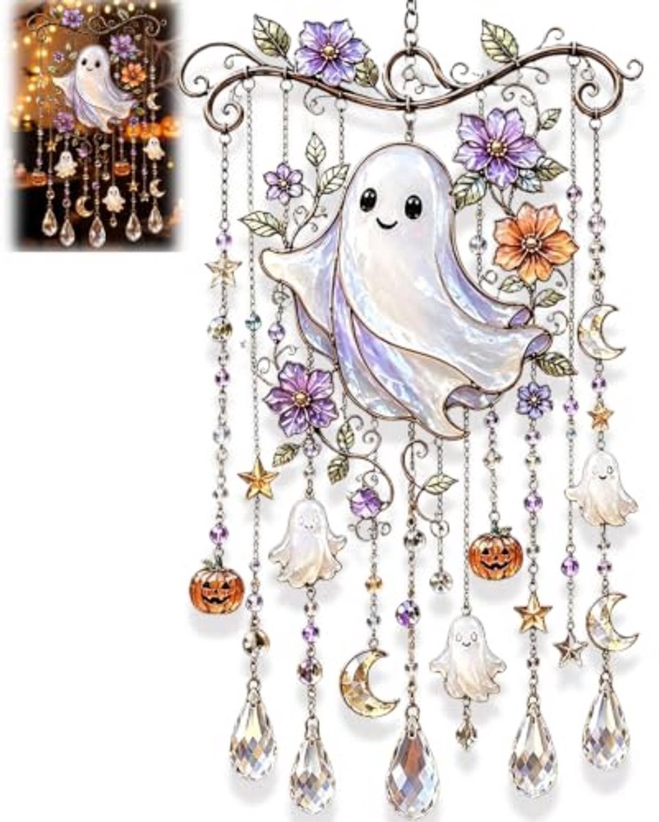 Casalora® Halloween Kristallen Windspel - Gotische Glinsterende Acryl Hangende Decoratie - Buitendecoratie voor Tuin, Veranda, Balkon en Raam (Vriendelijk Spook) - Spookachtig Schattig Herfst Cadeau