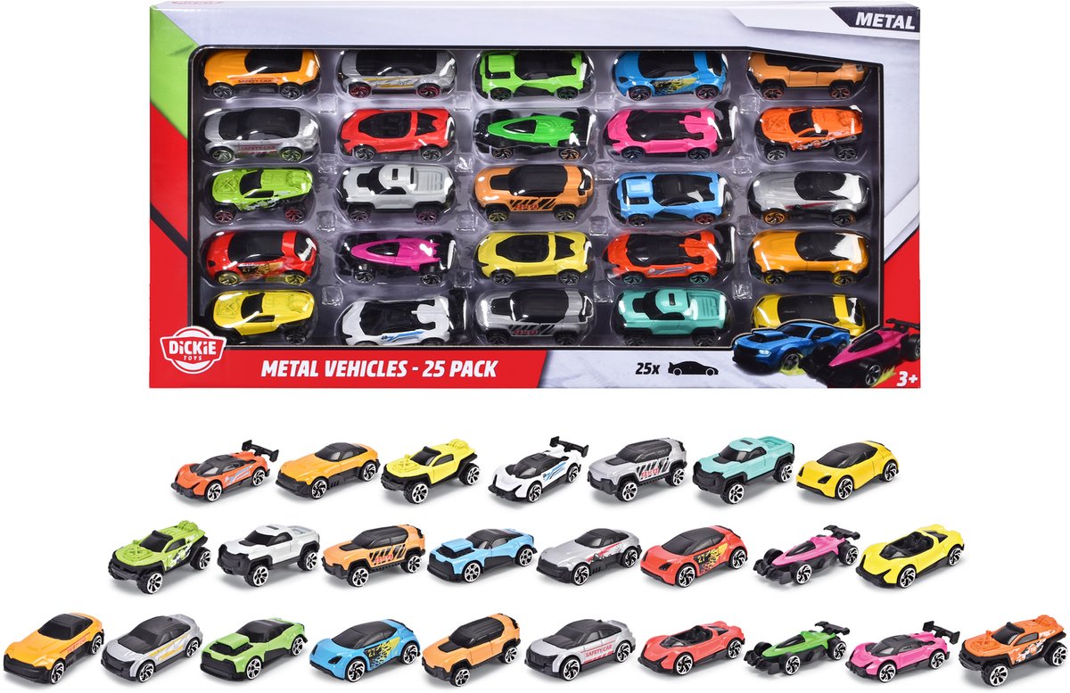 Dickie Toys - Speelgoedvoertuigen superpack van 25 miniatuurauto's 7cm