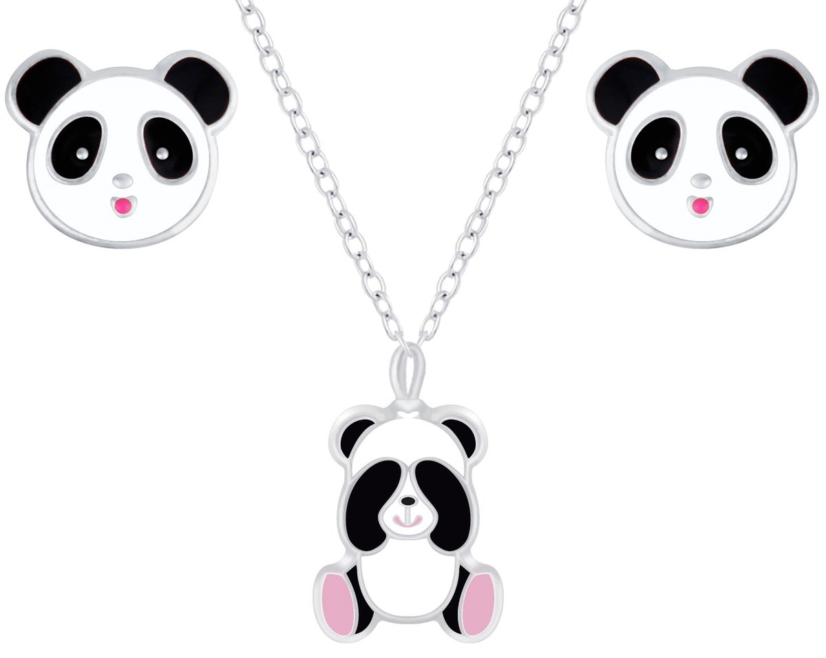 Joy|S - Zilveren panda oorbellen - panda hanger met ketting - sterling zilver 925 - sieraden set voor kinderen