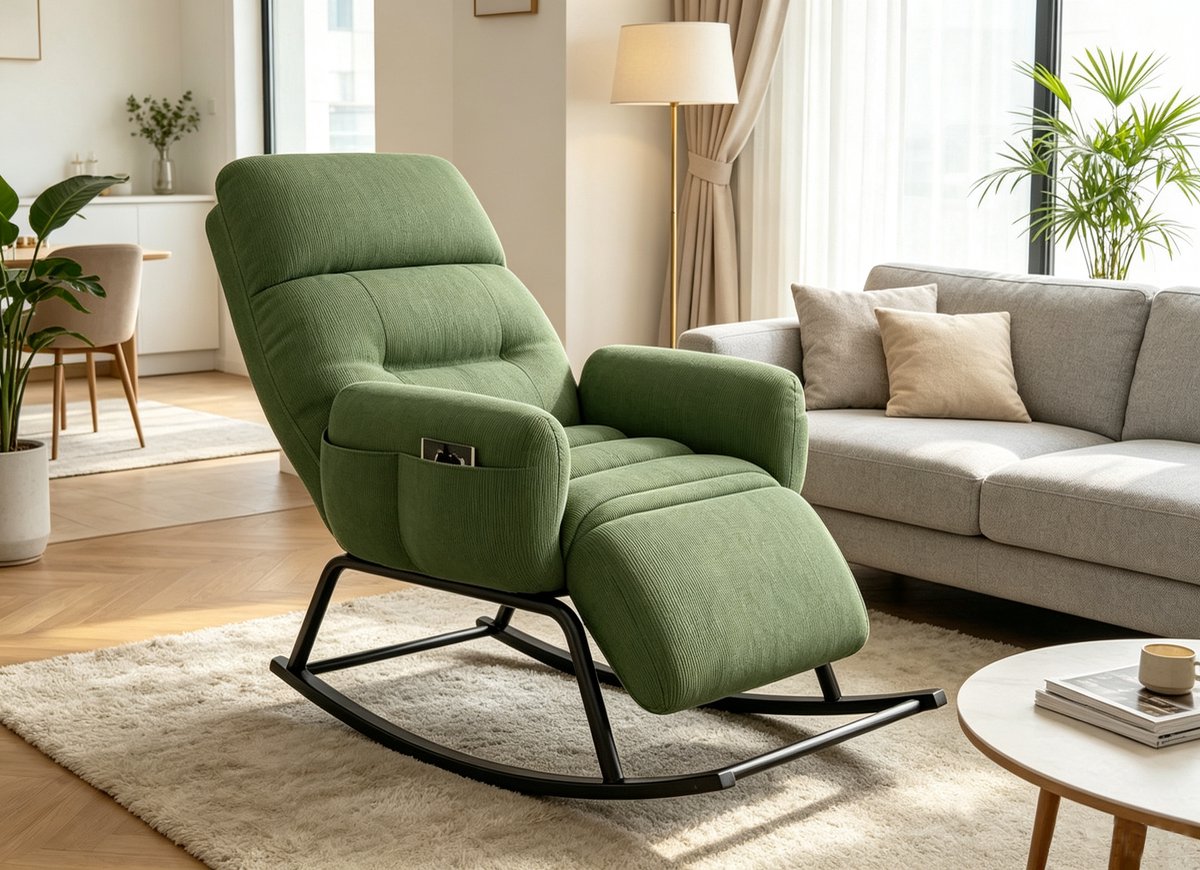 Deze comfortabele groene corduroy schommelstoel heeft een in 5 standen verstelbare rugleuning en voetensteun. Perfect om buiten te lezen of binnen te ontspannen ideaal voor terrassen balkons hallen en woonkamers