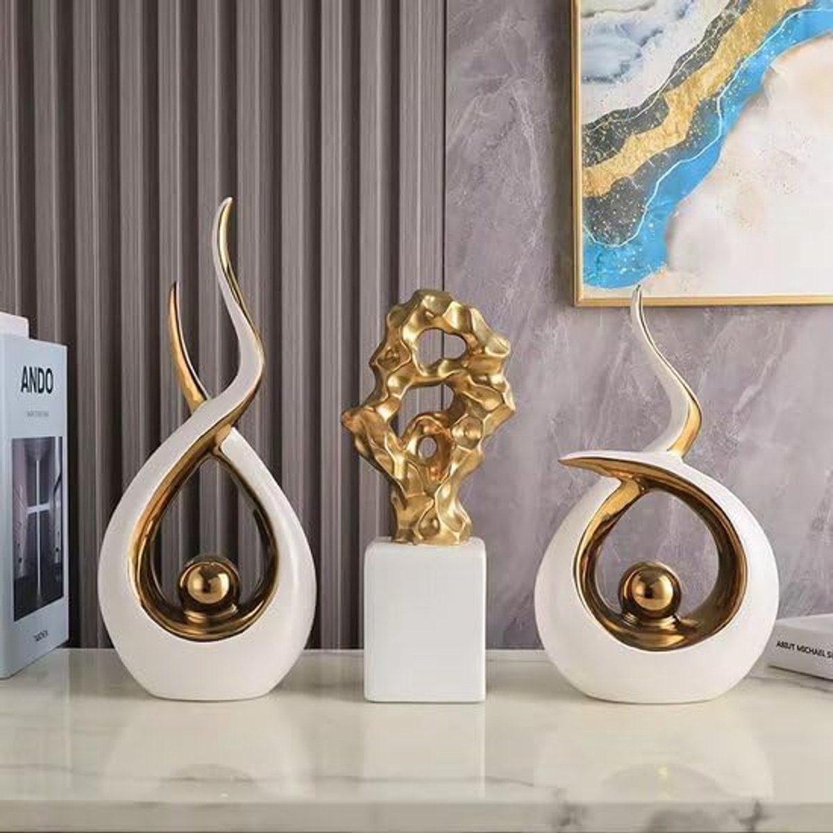 Decoratief Beeld - Set van 3 - 14 cm - Keramiek - Modern - Gouden en Goud