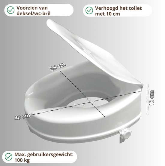 Witte toiletverhoger met deksel, 40 cm lang en 36 cm breed. Verhoogt het toilet met 10 cm. Max. gebruikersgewicht: 100 kg.