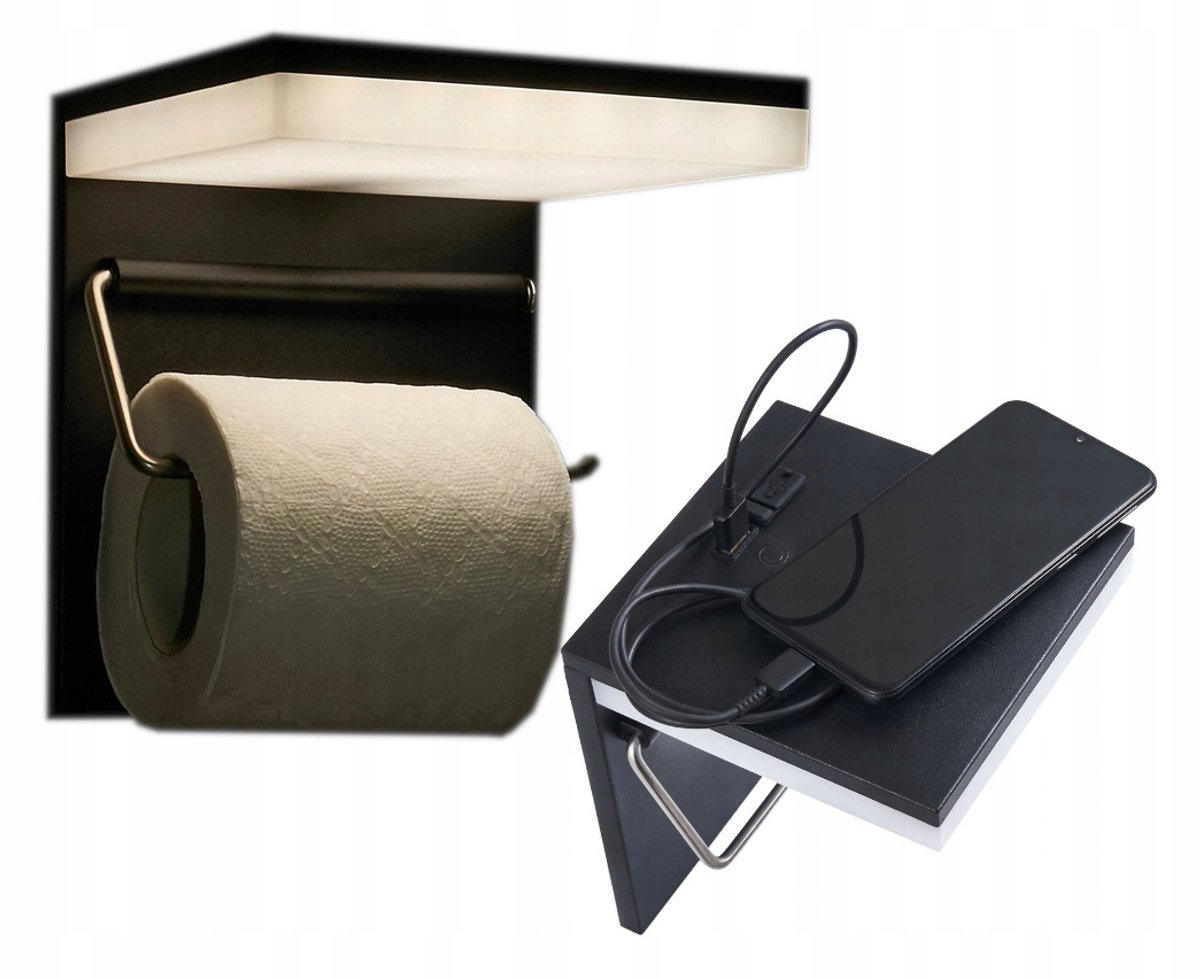 Zwart Metalen Toiletrolhouder met LED en USB - Wandmontage