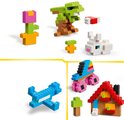 Een bloem in pot, dinosaurus, konijn, wortel, vliegtuig, huis en rolschaatsen, gemaakt van gekleurde LEGO stenen.