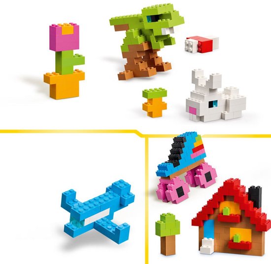 Een bloem in pot, dinosaurus, konijn, wortel, vliegtuig, huis en rolschaatsen, gemaakt van gekleurde LEGO stenen.