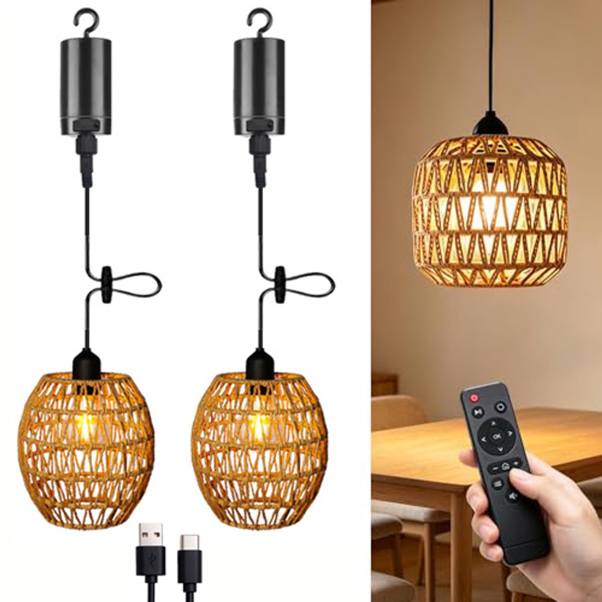2 stuks rotan hanglampen - USB-opladen - Hanglamp voor buiten met afstandsbediening, dimbaar - Boho lampenkap kroonluchters voor terrassen, pergola's, veranda's, binnenplafonddecoratie