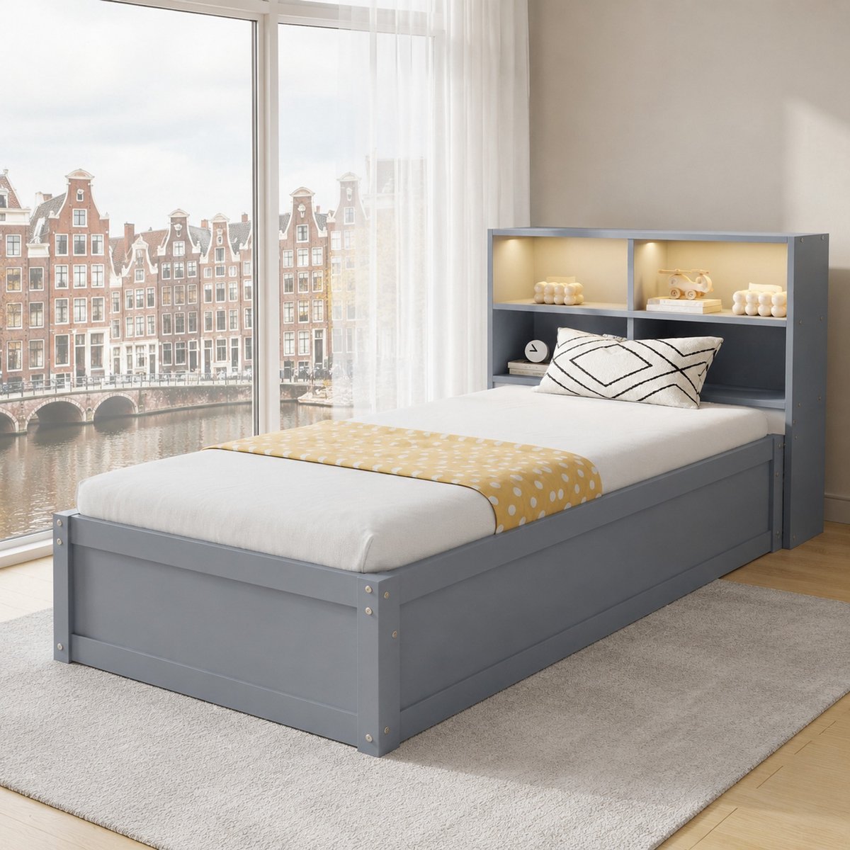 WUVRIE Bedframe 90x200 cm met opbergruimte en LED-verlichting, grijs
