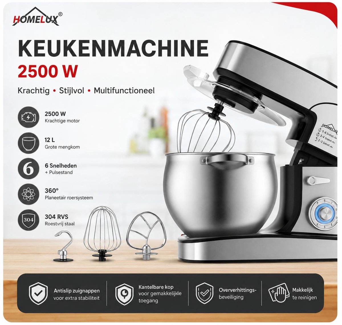 Homelux Keukenmachine 12L – Mixer met Mengkom RVS – Planetaire Mixer 2000W – Deegkneder – Keukenmixer met Garde & Klopper –