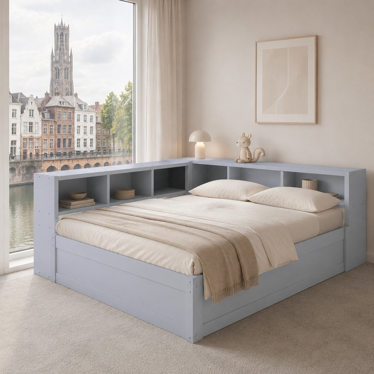 WUVRIE Eenpersoons bedframe 90x200 cm met opbergruimte, LED en hydraulische opslag, grijs