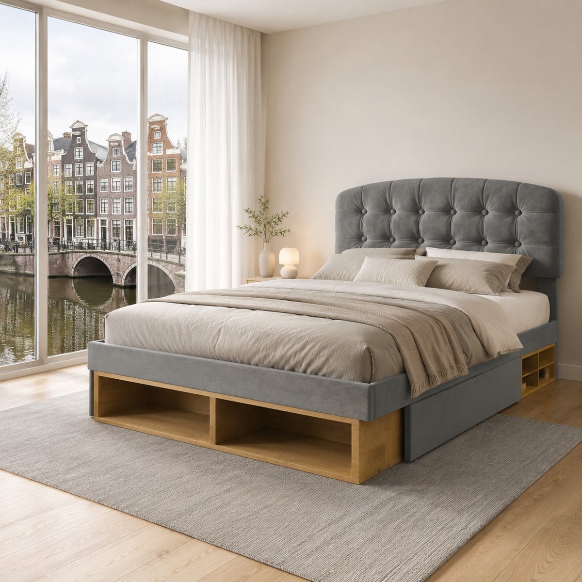 WUVRIE Gestoffeerd eenpersoonsbed 90x200 cm met verstelbaar hoofdeinde, lattenbodem en opbergruimte, grijs