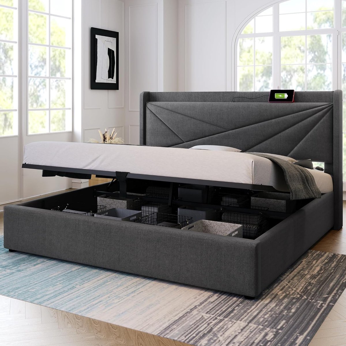 Bedframe 180x200 cm - Industrohome Modern Ledikant met Opbergruimte, USB-C Laadfunctie, Linnen Afwerking, Hoofdeinde met Vulling, Lattenbodem, Zonder Matras, Grijs