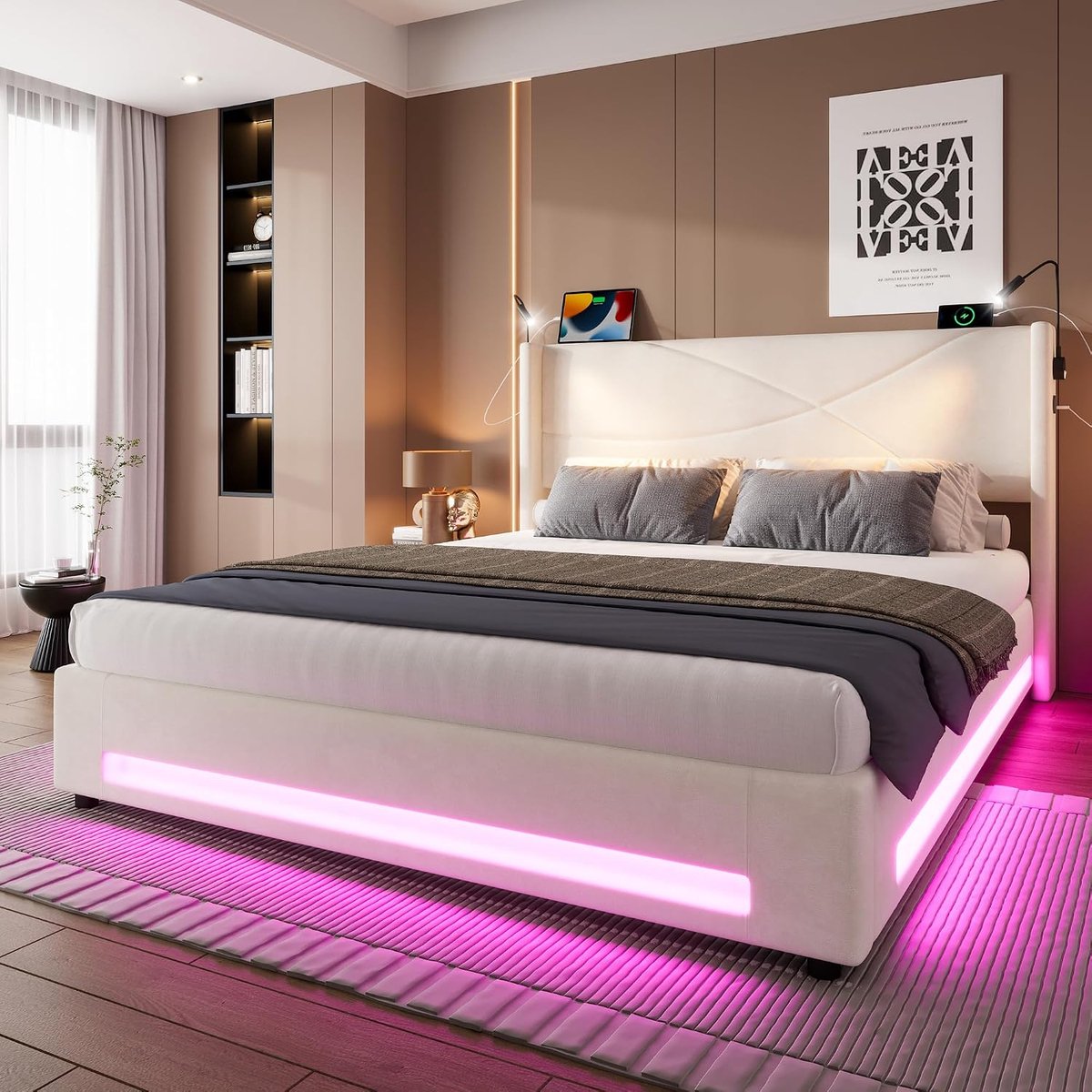 Double Bed 160 x 200 cm Bed Frame with 2 Reading Lights and LED Light Strips on the Headboard, LED Light Strips, USB Ports, Hydraulic Storage Space, Sturdy Slatted Frame, Beige