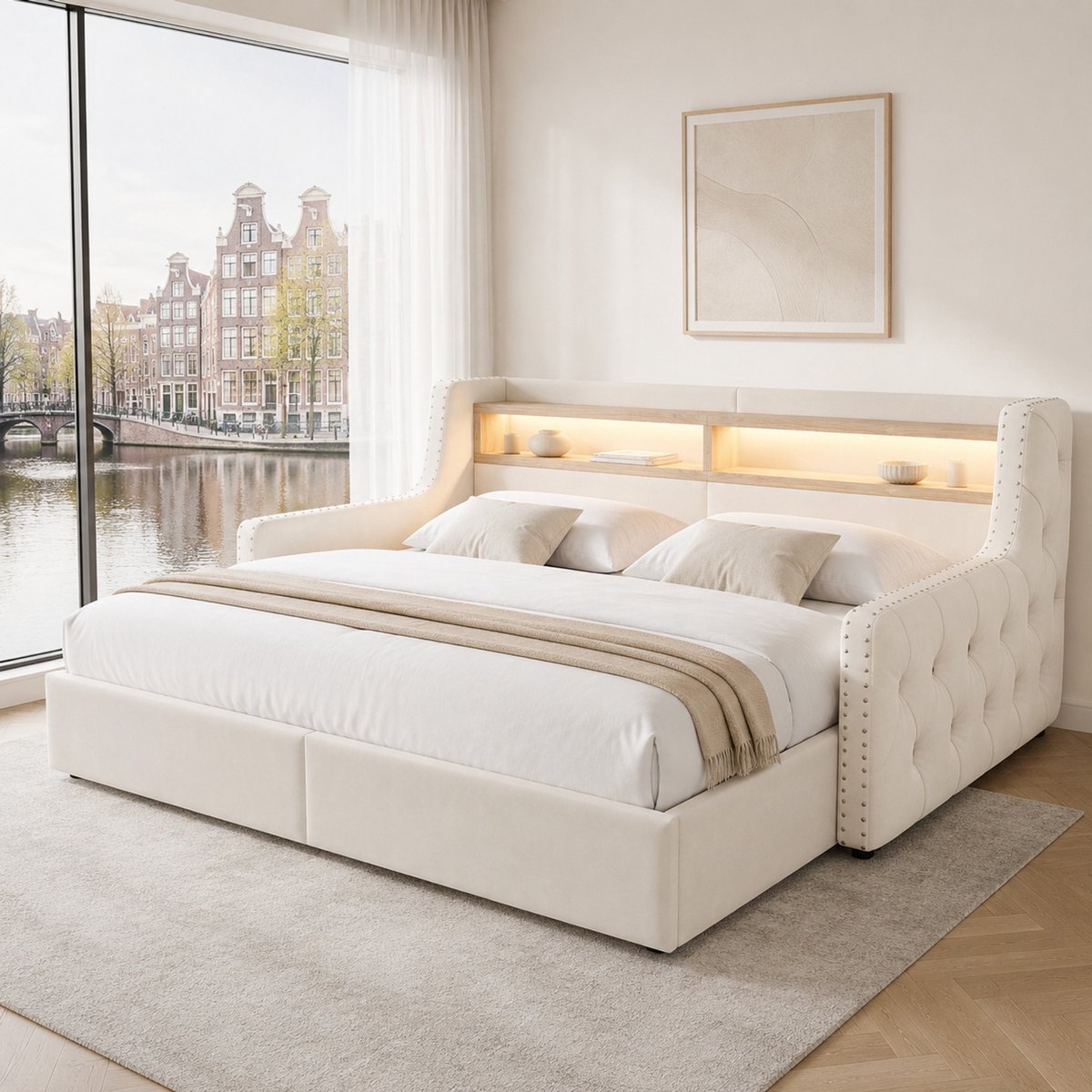 WUVRIE Slaapbank 90 x 200 cm met opbergruimte, LED-verlichting, lattenbodem en beige fluweel