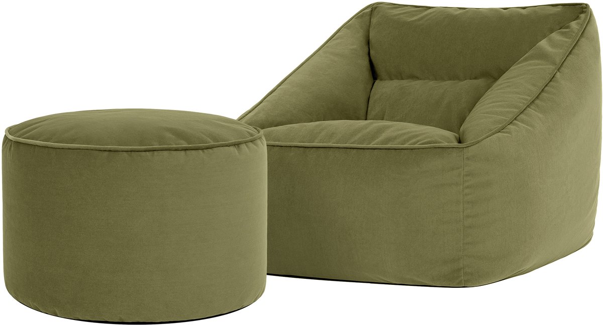 icon - Natalia XL Zitzak Fauteuil met Ronde Poef - Fluweel - Olijfgroen