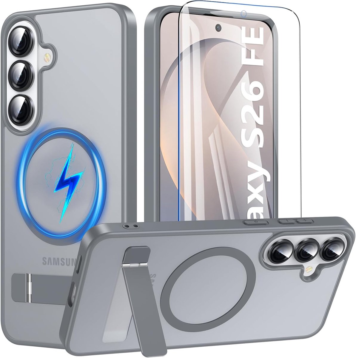 Zandarix Hoesje Geschikt voor Samsung Galaxy S26 FE - Geschikt voor Mag - 1x Screenprotector - Military Protection Shockproof - Back Cover Hoesje - Grijs