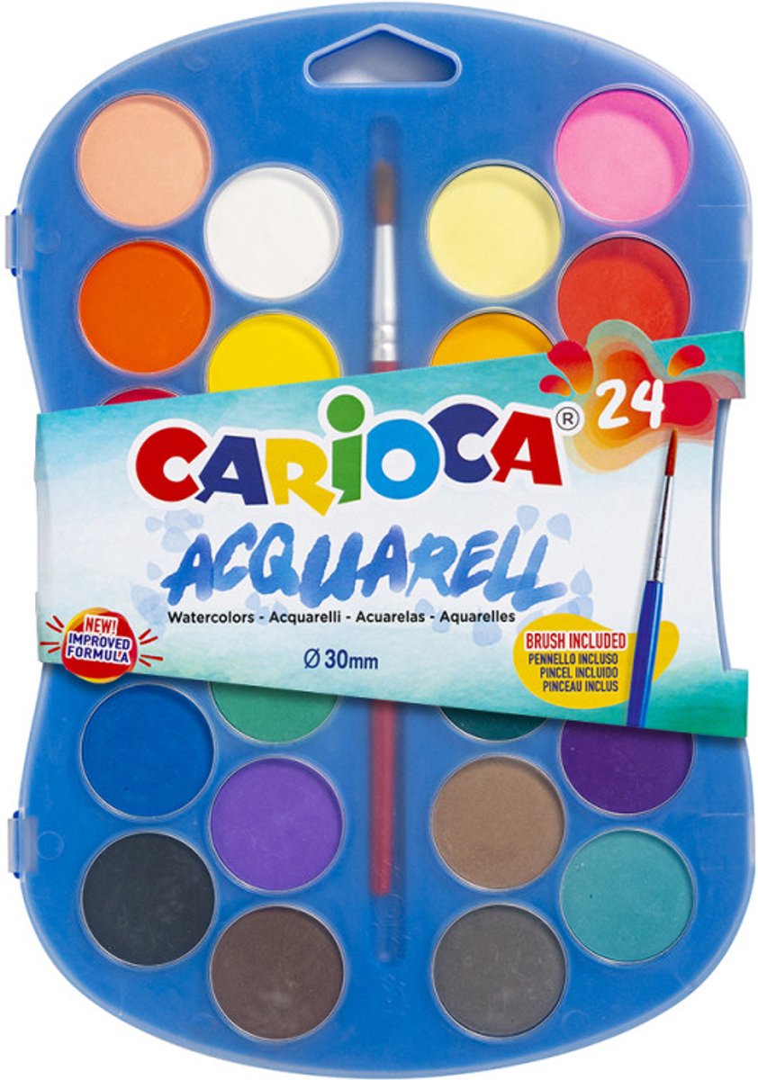 Carioca Waterverf Primaire Kleuren | Koffer met waterverf in primaire kleuren | Gemakkelijk te mengen en lichtecht | Doos met 24 waterverfkleuren