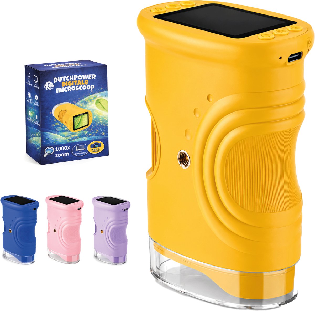 DUTCHPOWER Digitale Microscoop 1000x-4K-voor Kinderen – Draagbare Handmicroscoop met Foto & Video – STEM Educatief Speelgoed voor Ontdekken in Tuin en Natuur – Geschikt voor 4 t/m 12 jaar-Geel