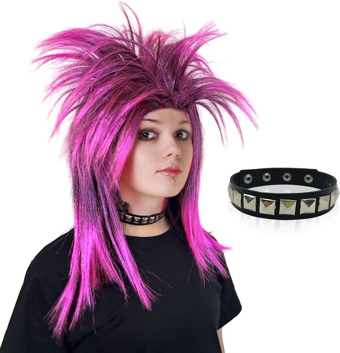 80s Roze Rock Diva Peruk met Choker voor Volwassenen, Lange Mullet Punk Hippie Kostuum voor Feest, Carnaval en Halloween Cosplay