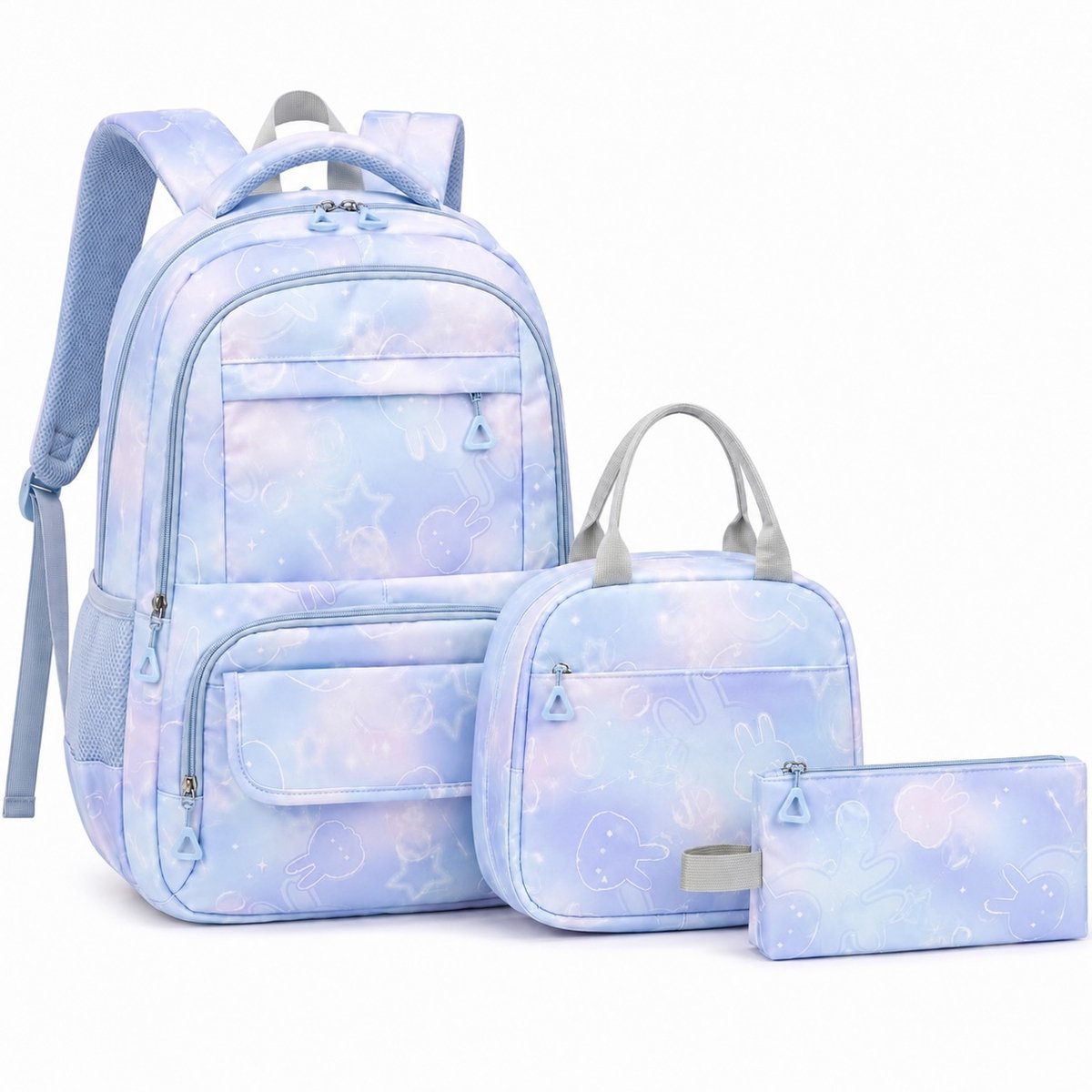 Ultiluxe® Rugzak, lunchtas en etui met konijntjes - Schoolrugzak voor kinderen - School rugtas voor meisjes - 45 x 31 x 18 cm - Meiden school tassen set - 25L - Schooltas voor meisjes - 3 stuks - Blauw