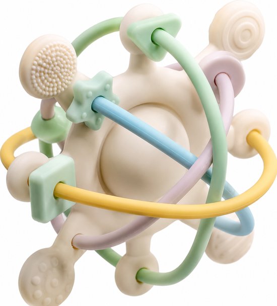 Een rommelige, multifunctionele babybijtring met zachte, gekleurde buizen en diverse texturen in pastelkleuren.