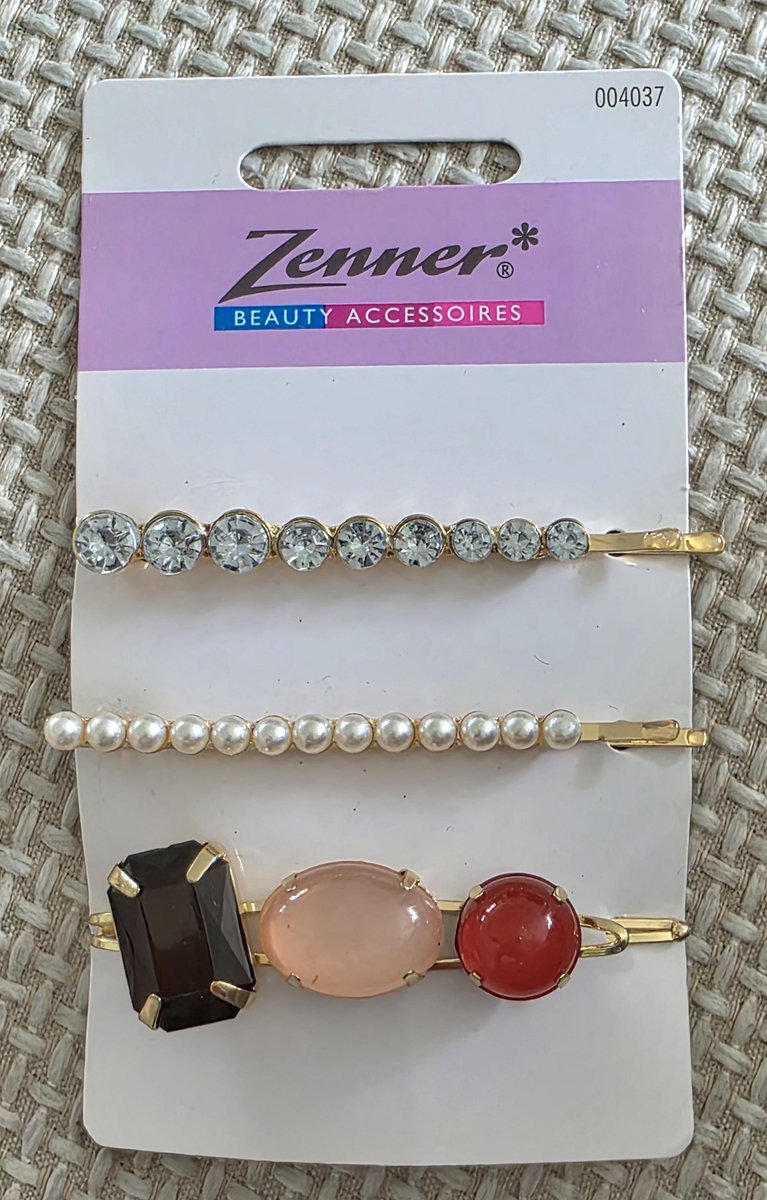 Zenner - 3 gouden haarschuifjes - metaal - pareltjes, strass en glas stenen - brilliantjes - transparant parelmoer zwart roze rood