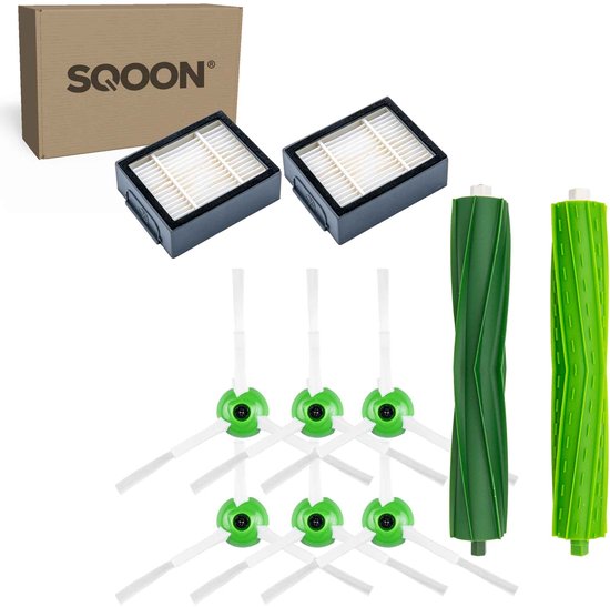 SQOON® 9-delige onderhoudskit met 2 HEPA filters, 6 zijborstels en 2 groene borstelrollen.