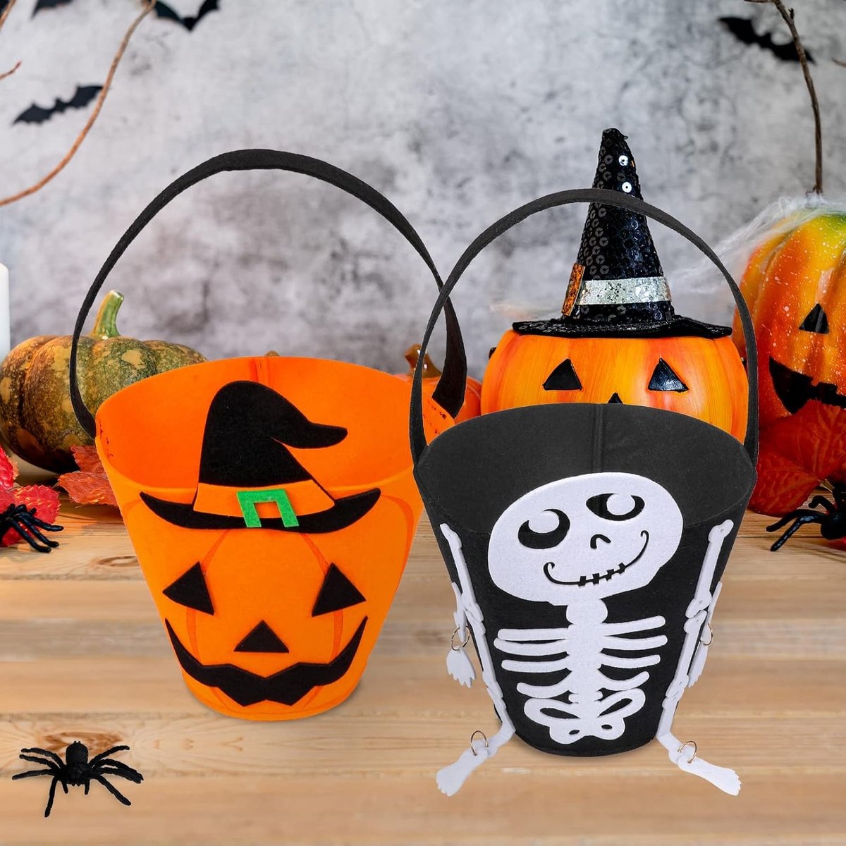 Halloween Snoepemmer voor Kinderen van Vilt, Grote Emmer met Handvat, 2 Stuks (Pompoen, Skelet) - Perfect voor Feestjes en Trick or Treat