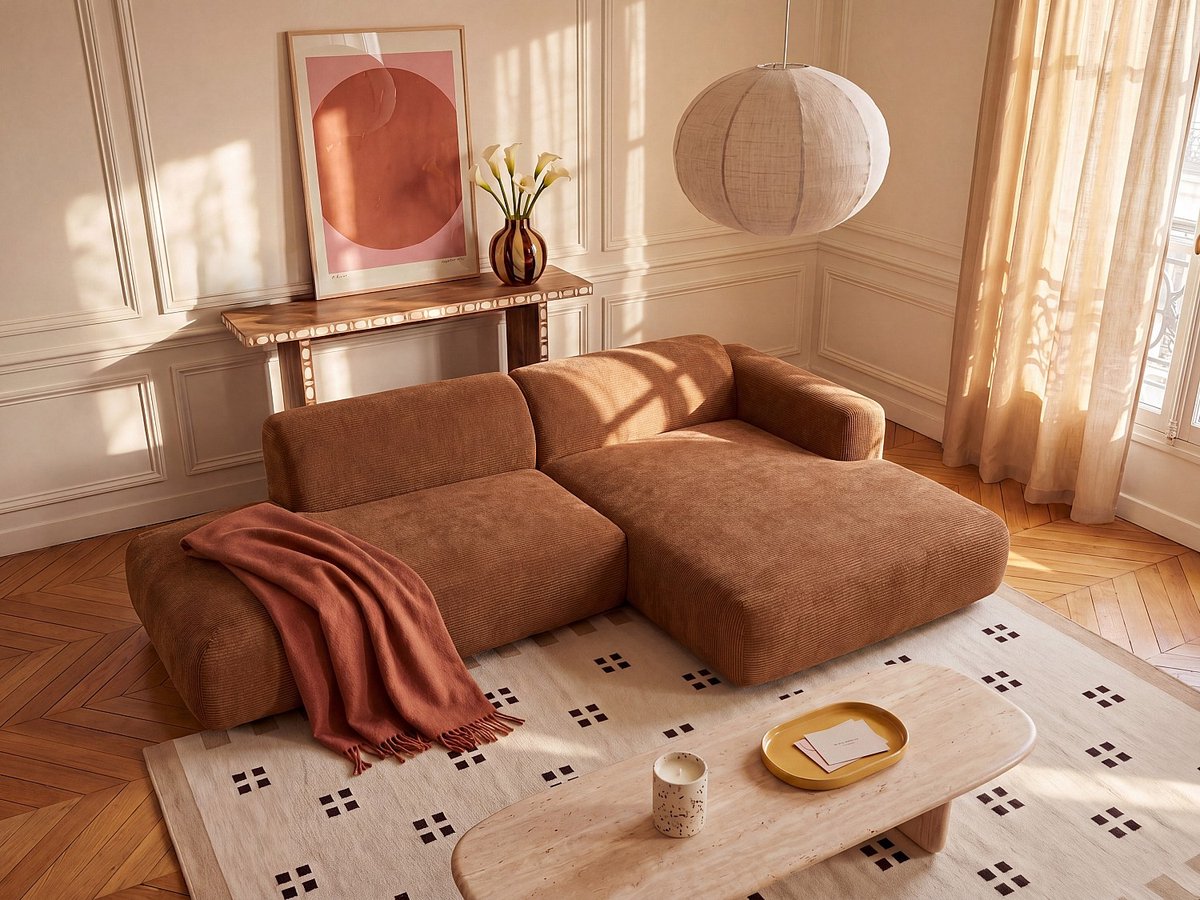 Vente-unique Modulaire zitbank met open Hoek rechts in fijn ribfluweel Terracotta van Maison Céphy POGNI