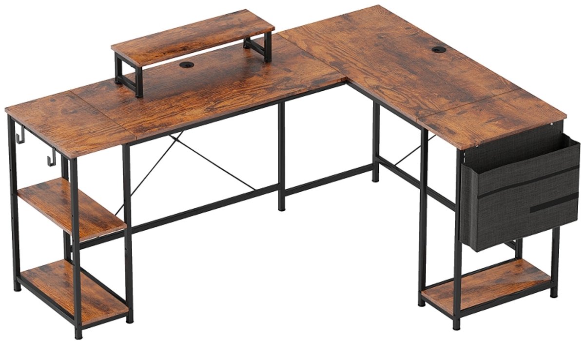 Computerbureau 168×120×90 cm bruin spaanplaat en metaal bureau schrijftafel kantoorbureau met opbergrek eenvoudig ontwerp praktisch en stijlvol stabiel en duurzaam geschikt voor studeerkamer slaapkamer en kantoor