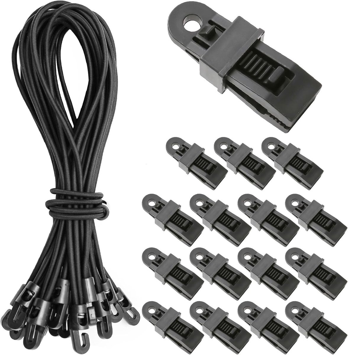 Set van 20 elastische banden van 25 cm met haken en 20 tarpaulinklemmen voor tenten, fietsen en vrachtvervoer