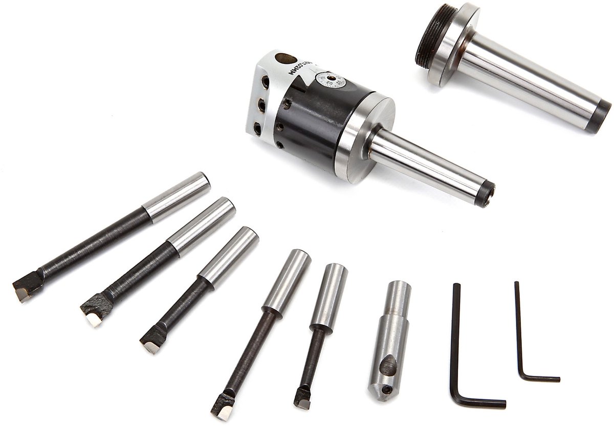 HBM 50 mm MC2 Kotterkop met 5 HM beitels, flycutter, opname 12 mm, millimeterschaal en houten koffer