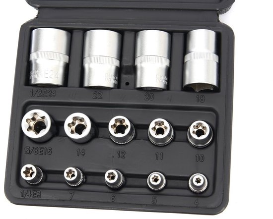 Zilverkleurige Torx-doppenset, 14-delig, in een zwarte koffer.