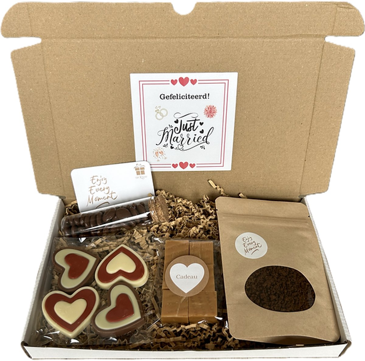 Just Married koffie brievenbus cadeau - fudge - chocolade mokkaboontjes - chocolade
