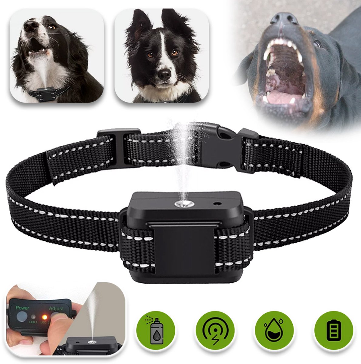 Anti-Blafhalsband Met Spraycontroller Oplaadbaar IPX3 Waterdicht - Slimme Detectie Van Twee Blafbewegingen Verstelbare Reflecterende Band (7,6-53,4 cm) LED-Indicatoren - Voor Honden Van 3,6-54 kg - Zwart