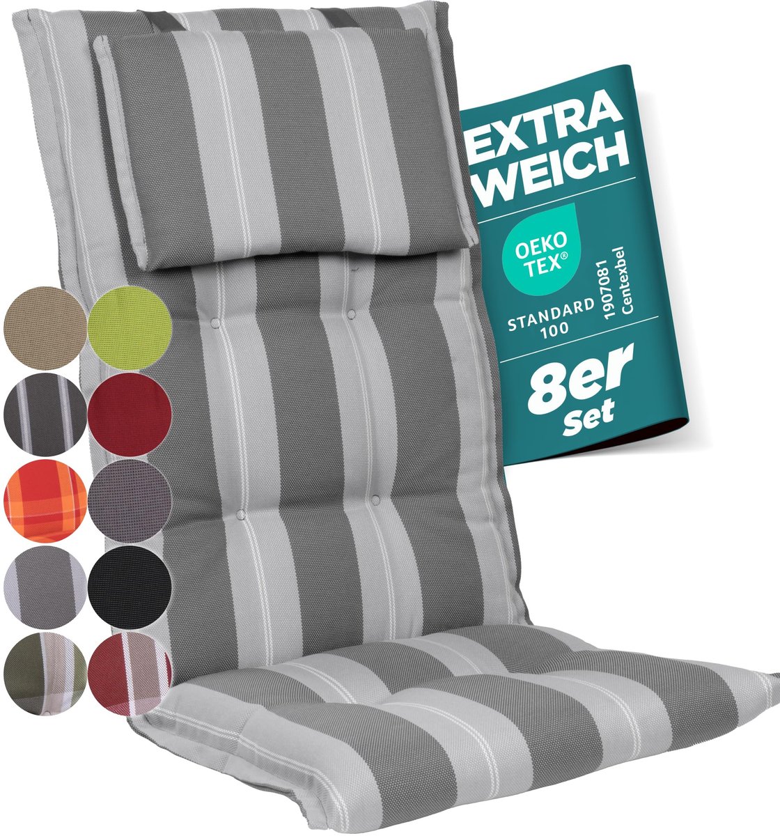 Tuinstoelkussens van polyacryl, 8 cm dik, met hoofdsteun