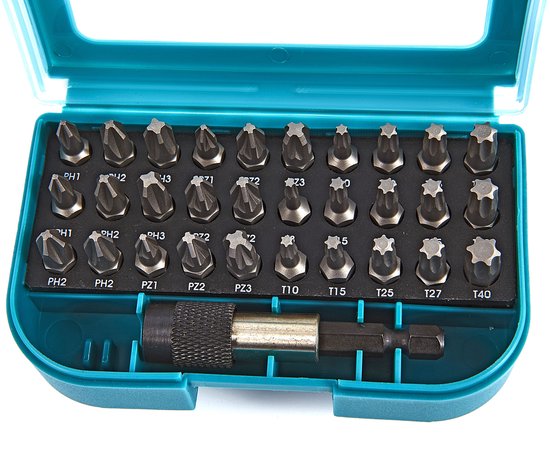 Boîte à embouts Makita bleue ouverte avec 31 embouts et un adaptateur. Les embouts sont organisés en rangées.